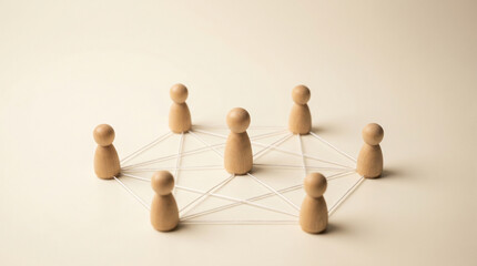 Obraz premium Wooden peg figures connected by thin lines in a network formation on a warm desk, symbolizing community, teamwork and social connection.