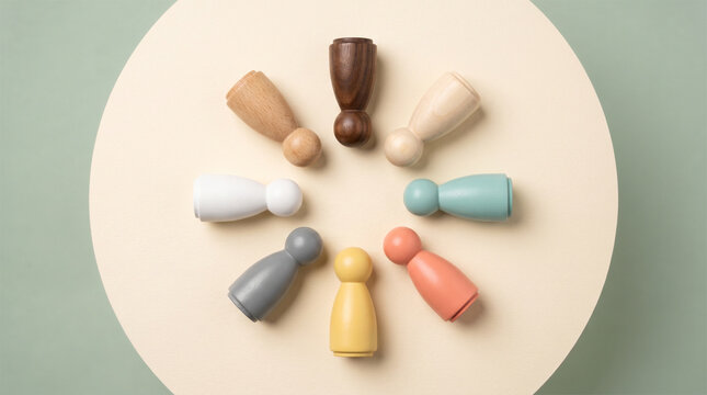 Wooden peg figures of varying sizes and colors arranged in a circle on a warm desk, representing diversity, inclusion and team equality.