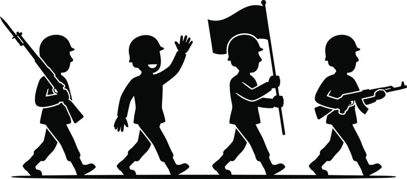 Silhouette of soldiers marching in formation with varied poses