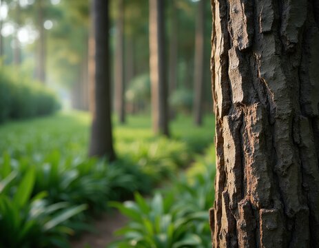 Close view of rough tree bark in a lush green forest plantation. Tall trees grow in orderly rows with sunlit path winding through plants. Natural woodland setting evokes peace and growth.