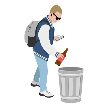 Young man with backpack and smartphone throwing empty plastic bottle into trash bin isolated on white. Concept of recycling, responsible waste disposal and environmental care in urban life.