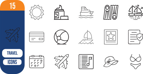 Summer vacation travel holiday tourism essentials icons, sun, sunscreen, yacht, flippers, sailboat, credit card, beach ball © Habib