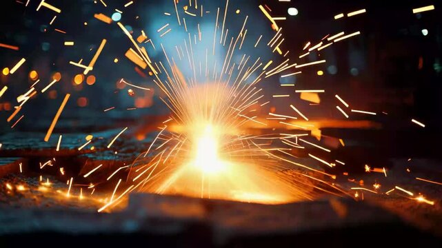 Workers create sparks and molten metal in a foundry during night hours while focusing on their tasks