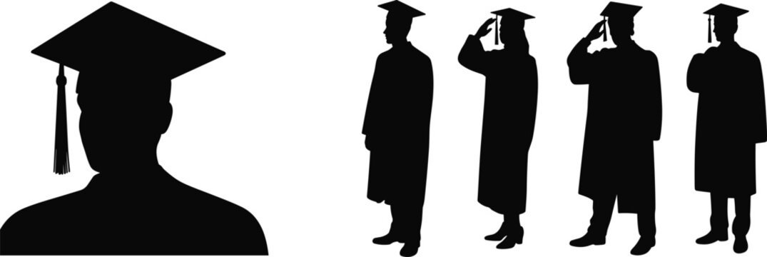 Graduate Student Silhouette Collection with Academic Cap and Gown Isolated on White Background for Education Themes