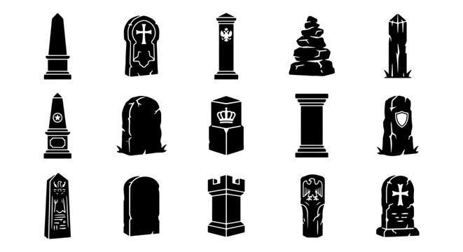 Gothic tombstone icon set, black silhouette gravestone collection with 15 vector elements, cemetery headstone and memorial monument illustrations