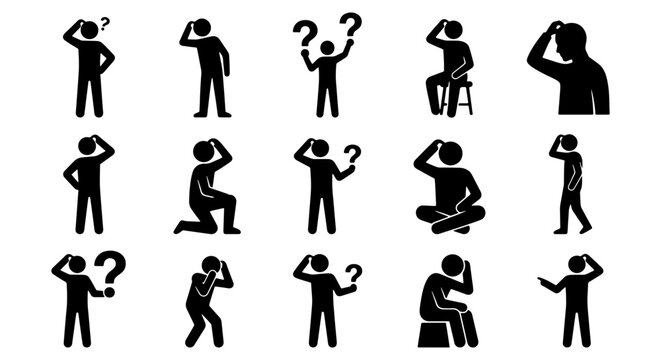 Confused man stick figure icon set, 15 black silhouettes of people thinking and questioning, person with question mark symbols, human doubt and problem solving
