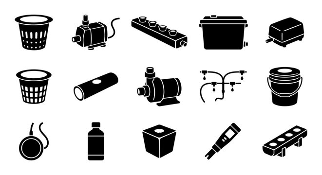 Hydroponic system equipment icons set, 15 black silhouette vector elements for indoor farming, water pump and irrigation tools for aeroponics and gardening