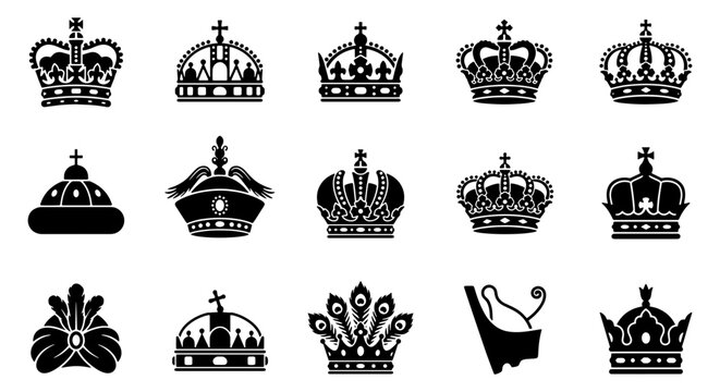 Royal crown icons set, 15 black silhouette imperial headwear symbols, vintage monarch and queen coronet collection, heraldic regalia vector elements