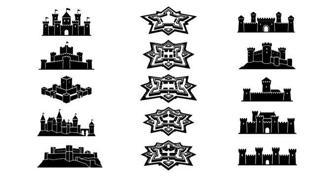 Medieval castle silhouettes and star fort icons, set of 15 black vector fortress symbols, ancient stone citadel and bastion fortification elements