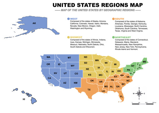 Colorful vector map of the United States divided by geographic regions. Educational infographic showing U.S. states with abbreviations and regional divisions including West, Midwest, South and Northea
