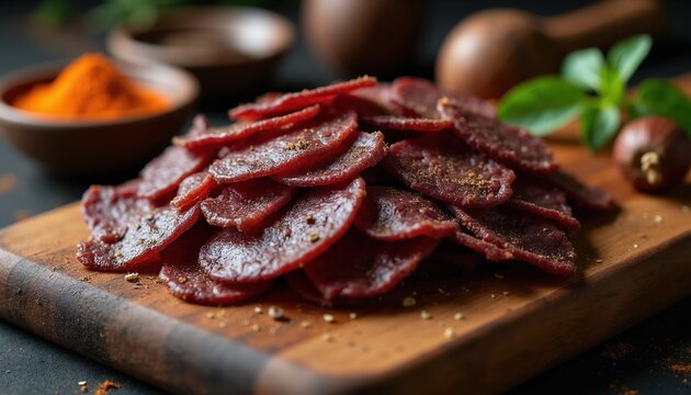 Thinly sliced dried beef jerky arranged on a wooden board. Spices and herbs like pepper and coriander are sprinkled on meat. Savory protein snack for picnics or meals.