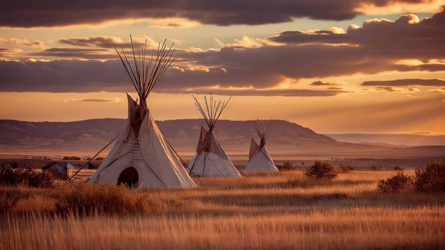 Teepees stand in a field at sunset with mountains in the distance under an orange and purple sky