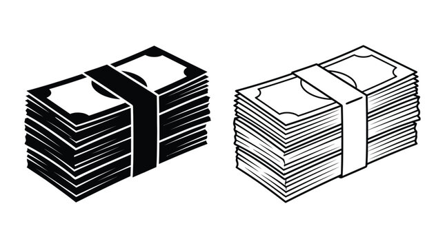 Stacks of money black and white line art illustration