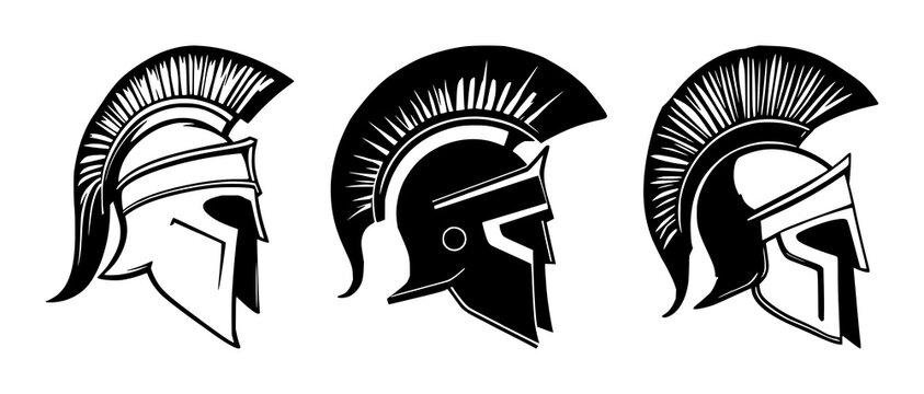 Roman centurion helmet set with solid black silhouette on white background featuring sharp crest detail, ancient warrior theme with crest and helmet