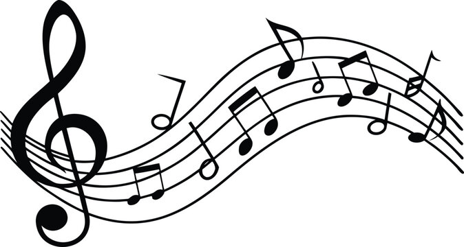 Black and white musical notes on staff lines flowing wavy