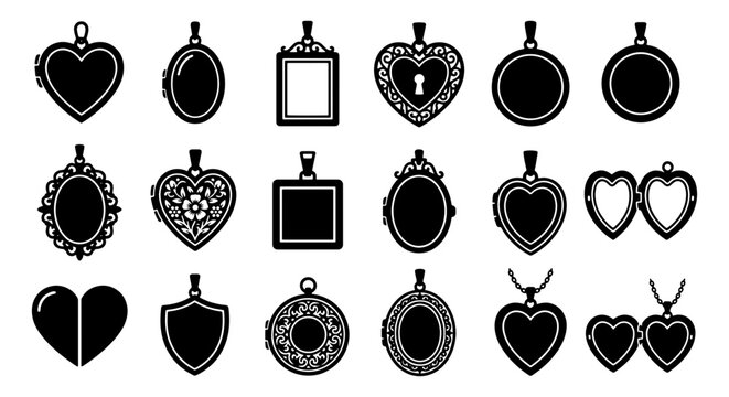 Vintage locket pendant icons set, 18 antique jewelry silhouettes, heart and oval filigree medallions, decorative black vector frames for photos