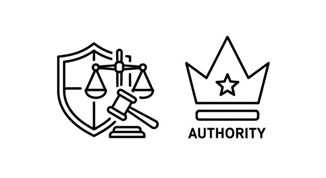 Line icon illustration of legal authority justice system government power represented by shield scales gavel a royal crown with court system, law enforcement