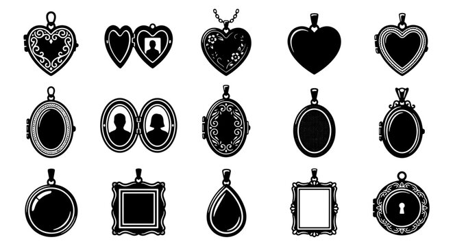 Vintage locket necklace icons, 15 antique jewelry pendant vector set, ornate heart and oval locket silhouettes for family photos and keepsakes