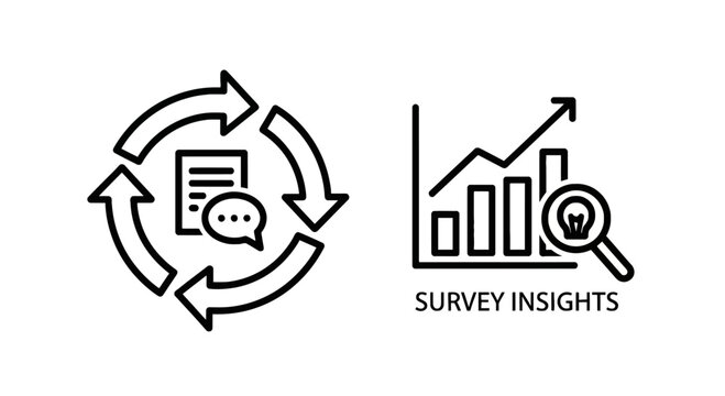 Survey insights and feedback process icon showing data analysis report generation continuous improvement with growth chart magnifying glass insights