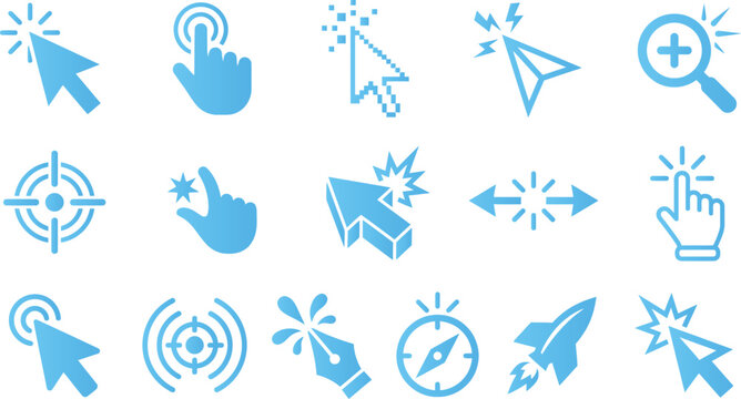 Interactive computer cursor icons and hand pointer symbols for website interface navigation.