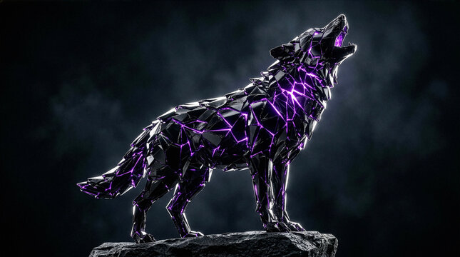 Low poly black crystal wolf howling on rock with glowing purple energy cracks in dark background