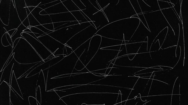 Abstract scratch texture with chaotic white scribble lines on black background. Grunge distressed overlay ideal for modern graphic design, experimental visuals, album covers, posters, motion graphics,