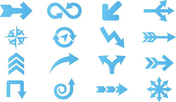 Set of various blue arrows in different styles and directions for design elements.