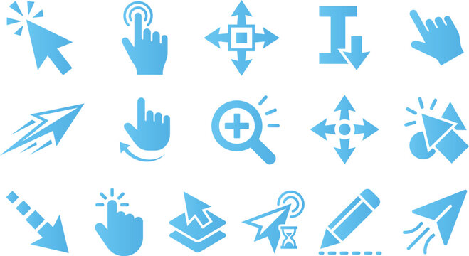 Set of blue computer cursor arrow and hand icons for web navigation and interface design.