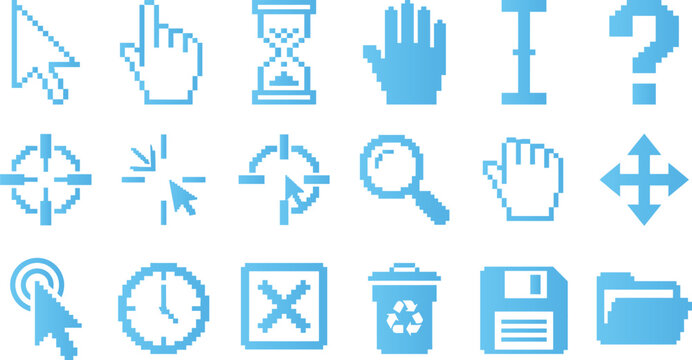 Set of various computer mouse pointer icons featuring different user interface elements now.