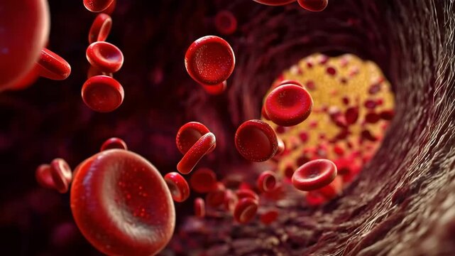 Blood cells move through a blood vessel in a human body, showing the flow of red blood cells during circulation at a microscopic level