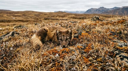 Fototapeta premium Arctic Fox Camouflaged in Autumnal Landscape - A Study in Survival and Adaptation.