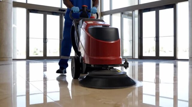 Janitor using a floor scrubber machine in a lobby
