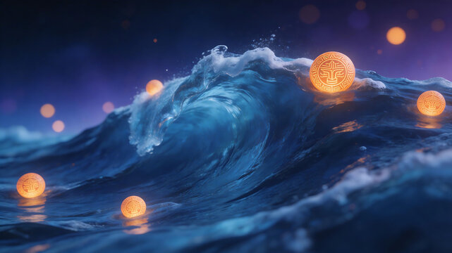 Ocean wave with glowing orbs emphasizing fluid motion and vibrant color palettes
