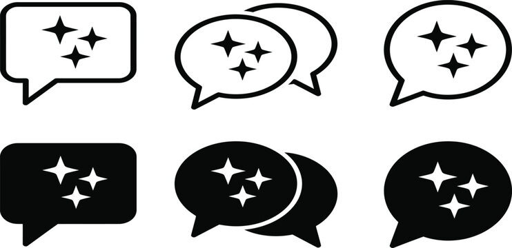 AI chat bubble with magic stars icon set. Artificial intelligence bot or smart prompt vector symbols in outline and solid.