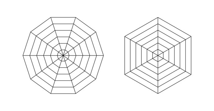 Diagram for analytics or statistic. Spider, radar diagram. Decagon and hexagon graphs templates. Spider mesh. Flat grid 10 and 6 segments. Coaching tool. Blank radar chart, ten and six equal parts. 
