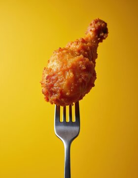 Crispy fried chicken drumstick impaled on silver fork, presented against bright yellow backdrop. Delicious snack food ready to eat, perfect for menus or ads.