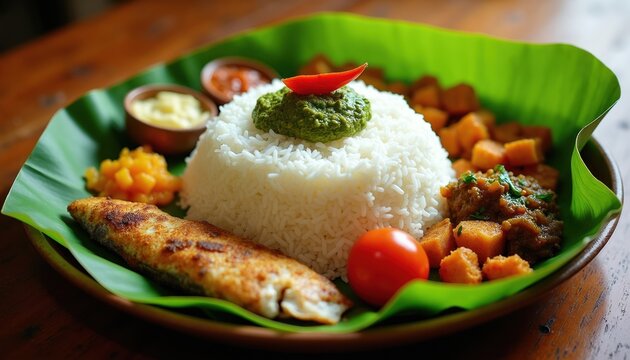 Traditional Indian meal served on banana leaf with rice fish curries and vegetables. Aromatic cuisine uses fresh ingredients for healthy eating. Delicious ethnic food presentation.