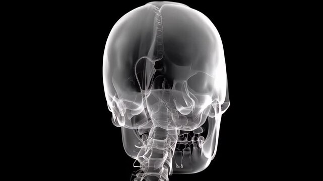 X-ray of a human skull showing internal structures and outline in black background during a medical imaging session