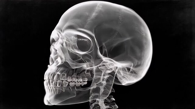 Skull x-ray showing detailed structure of human head and neck area during a medical examination in a hospital setting