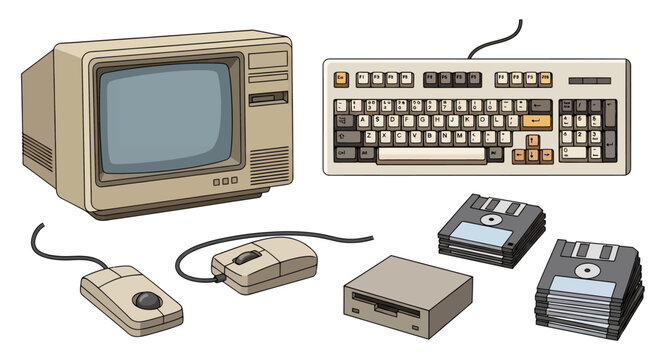 Retro computer equipment set with monitor keyboard mouse floppy disks