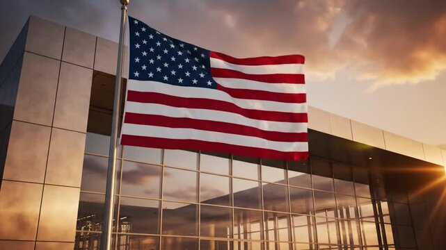 American flag waving in front of modern office building at sunset