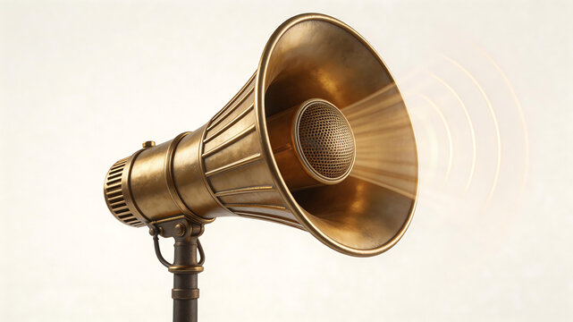 Vintage brass megaphone with sound waves highlighting geometric patterns and contemporary art