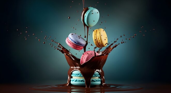 Colorful french macarons splashing in liquid chocolate