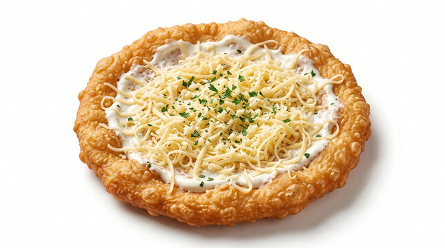 L&aacute;ngos tradizionale ungherese con panna acida e formaggio isolato su sfondo bianco. Generative AI 