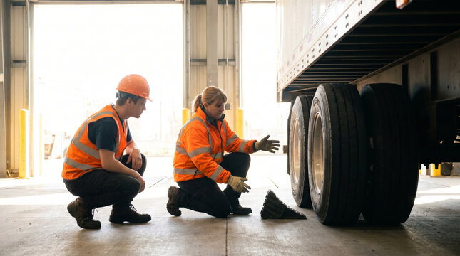 Loading dock safety training pair, a veteran female forklift operator in a hi-vis jacket demonstrating proper trailer chocking technique to 3
