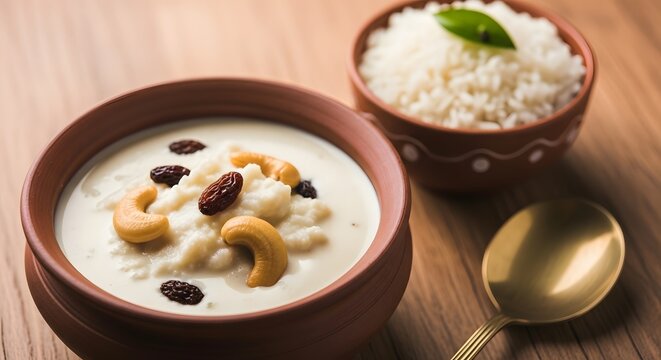 Traditional indian rice pudding with cashews and raisins in clay bowls
