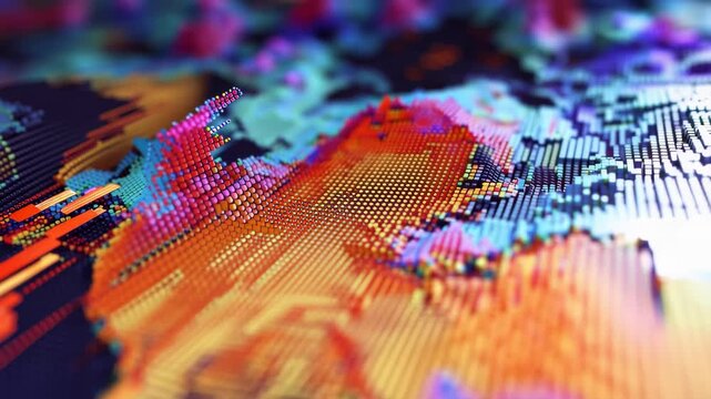 Colorful abstract pattern on fabric shows bright hues of orange, blue, and purple in a creative design during daytime