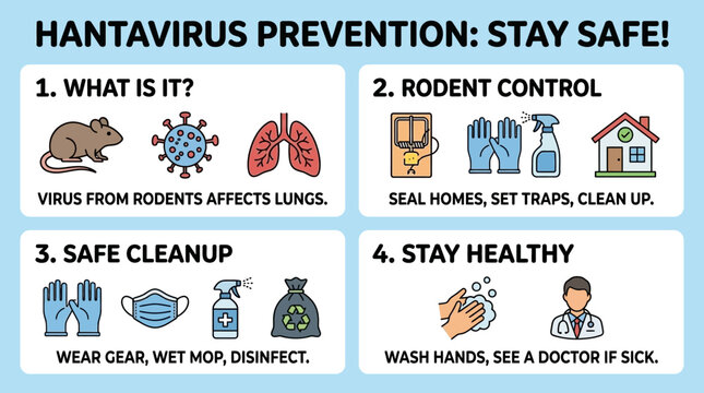 Comprehensive medical infographic poster detailing crucial steps for rodent-borne disease prevention and maintaining public health awareness