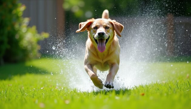 Happy dog runs through water spray in green yard on sunny summer day. Pet enjoys playing outdoors in garden. Pure joy wet fur, fun splashes, playful canine activity.