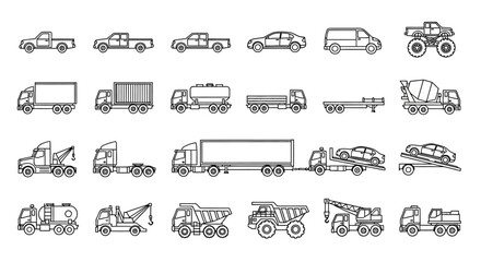 Vehicle icons, truck symbols, car illustrations, construction vehicles, 25 black and white line art graphics © Art